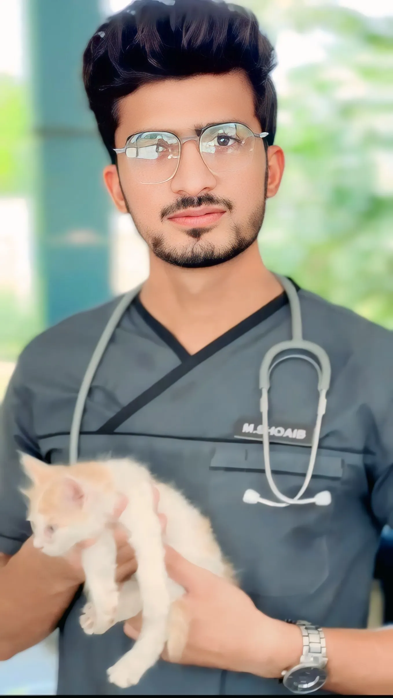 Dr. Shoaib Maqbool holding a white and orange kitten while wearing medical scrubs and a stethoscope.